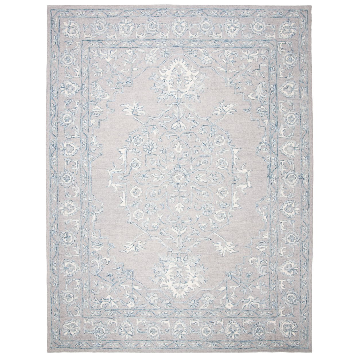 SAFAVIEH Micro-Loop Britton Floral Bordered Wool Area Rug, Light Grey/Ivory, 5' x 8'