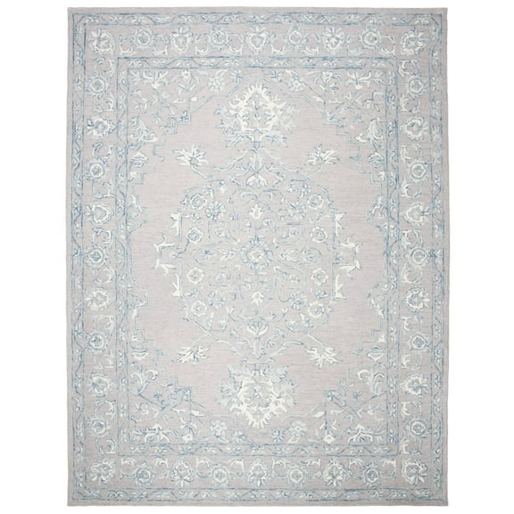 SAFAVIEH Micro-Loop Britton Floral Bordered Wool Area Rug, Light Grey/Ivory, 5' x 8'