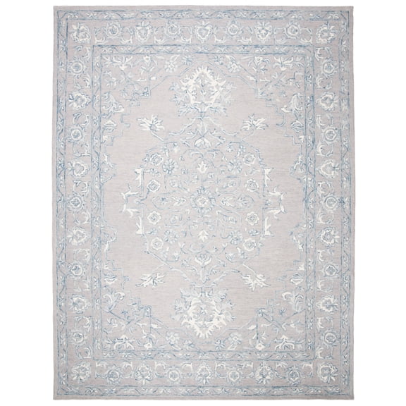 SAFAVIEH Micro-Loop Britton Floral Bordered Wool Area Rug, Light Grey/Ivory, 8' x 10'