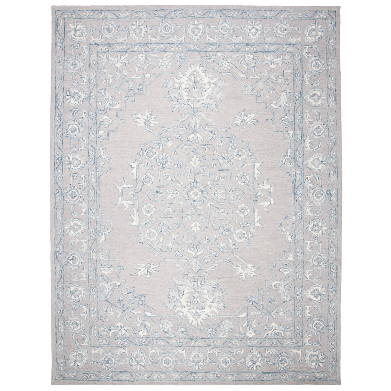 SAFAVIEH Micro-Loop Britton Floral Bordered Wool Area Rug, Light Grey/Ivory, 9' x 12'
