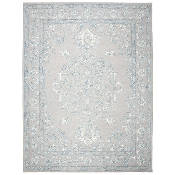 SAFAVIEH Micro-Loop Britton Floral Bordered Wool Area Rug, Light Grey/Ivory, 9' x 12'