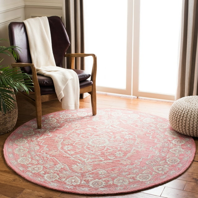 SAFAVIEH Micro-Loop Britton Floral Bordered Wool Area Rug, Pink/Ivory, 5' x 5' Round