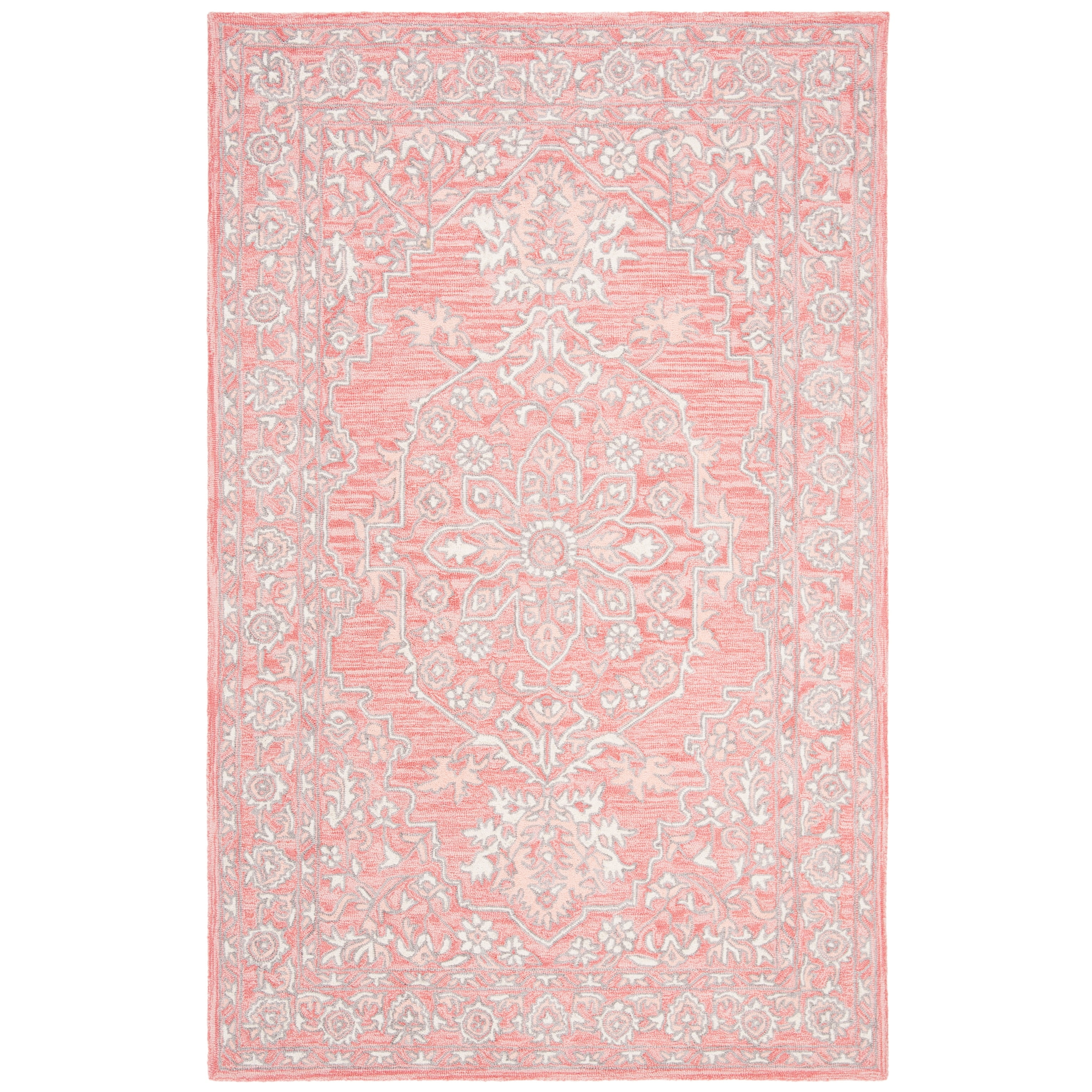 Handmade Pink and Ivory Wool Tufted Rectangular Area Rug 5' x 8'