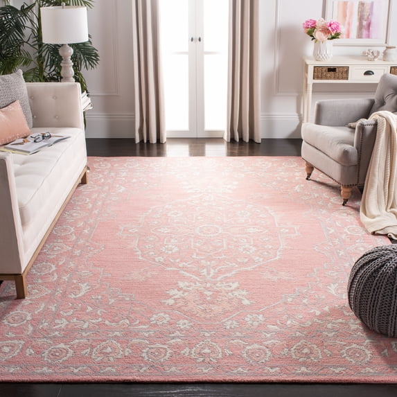 SAFAVIEH Micro-Loop Britton Floral Bordered Wool Area Rug, Pink/Ivory, 9' x 12'