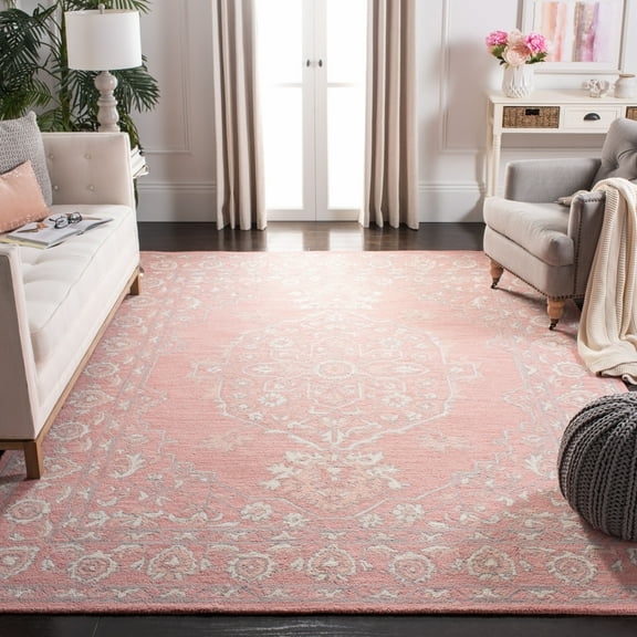 SAFAVIEH Micro-Loop Britton Floral Bordered Wool Area Rug, Pink/Ivory, 9' x 12'