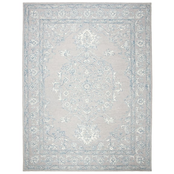SAFAVIEH Micro-Loop Britton Floral Bordered Wool Runner Rug, Light Grey/Ivory, 2'3" x 7'