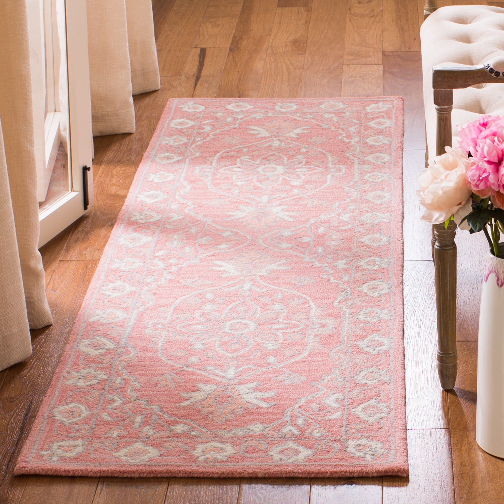 SAFAVIEH Micro-Loop Britton Floral Bordered Wool Runner Rug, Pink/Ivory, 2'3" x 7'