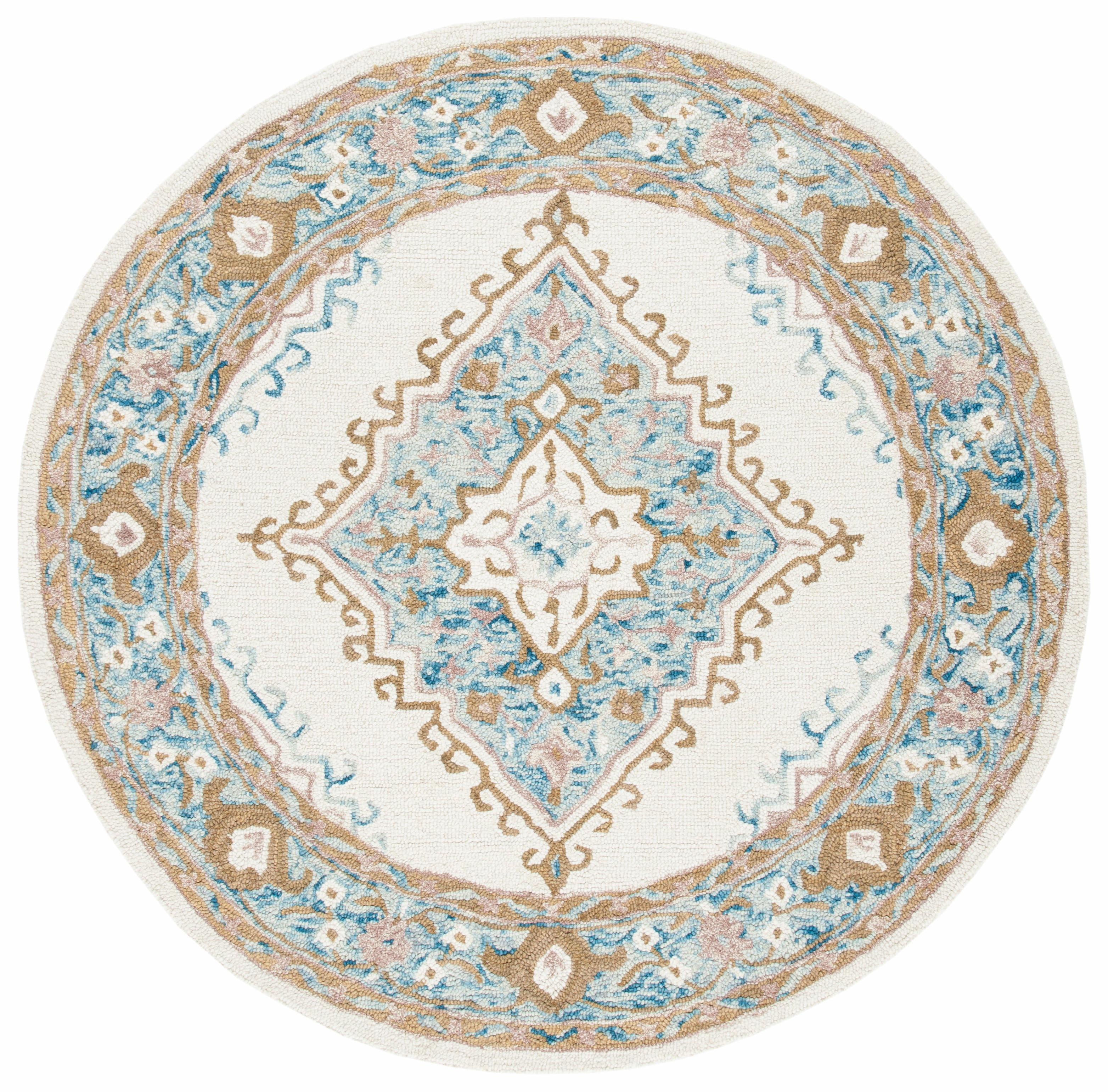 SAFAVIEH Micro-Loop Byron Geometric Striped Area Rug, Ivory/Blue, 5' x 5' Round