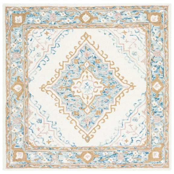 SAFAVIEH Micro-Loop Byron Geometric Striped Area Rug, Ivory/Blue, 5' x 5' Square