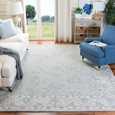 SAFAVIEH Micro-Loop Calista Floral Bordered Wool Area Rug, Blue/Beige, 5' x 8'