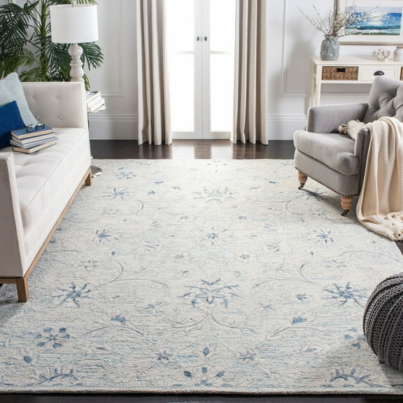 SAFAVIEH Micro-Loop Carl Floral Overdyed Wool Area Rug, Light Blue/Ivory, 8' x 10'