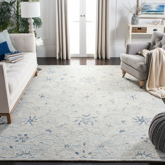 SAFAVIEH Micro-Loop Carl Floral Overdyed Wool Area Rug, Light Blue/Ivory, 9' x 12'
