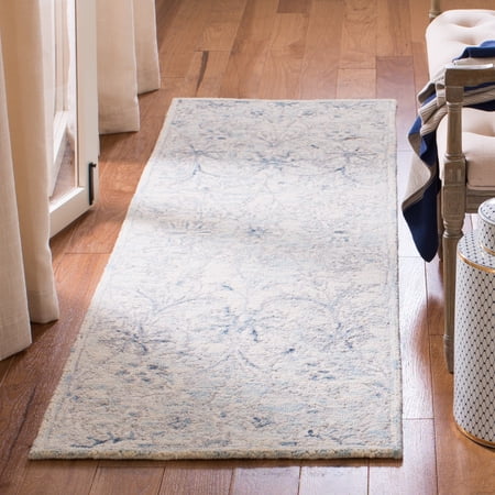 SAFAVIEH Micro-Loop Carl Floral Overdyed Wool Runner Rug, Light Blue/Ivory, 2'3" x 7'