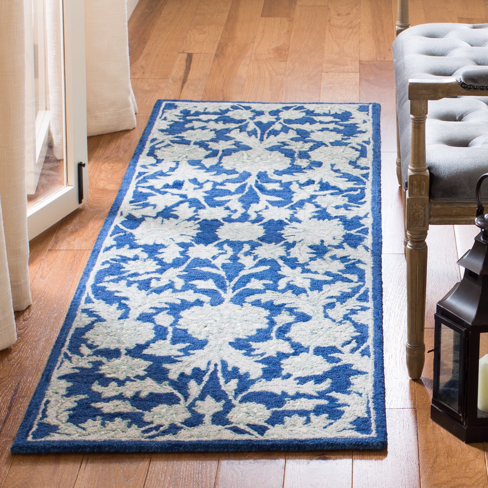 SAFAVIEH Micro-Loop Carl Floral Overdyed Wool Runner Rug, Navy/Grey, 2'3" x 7'
