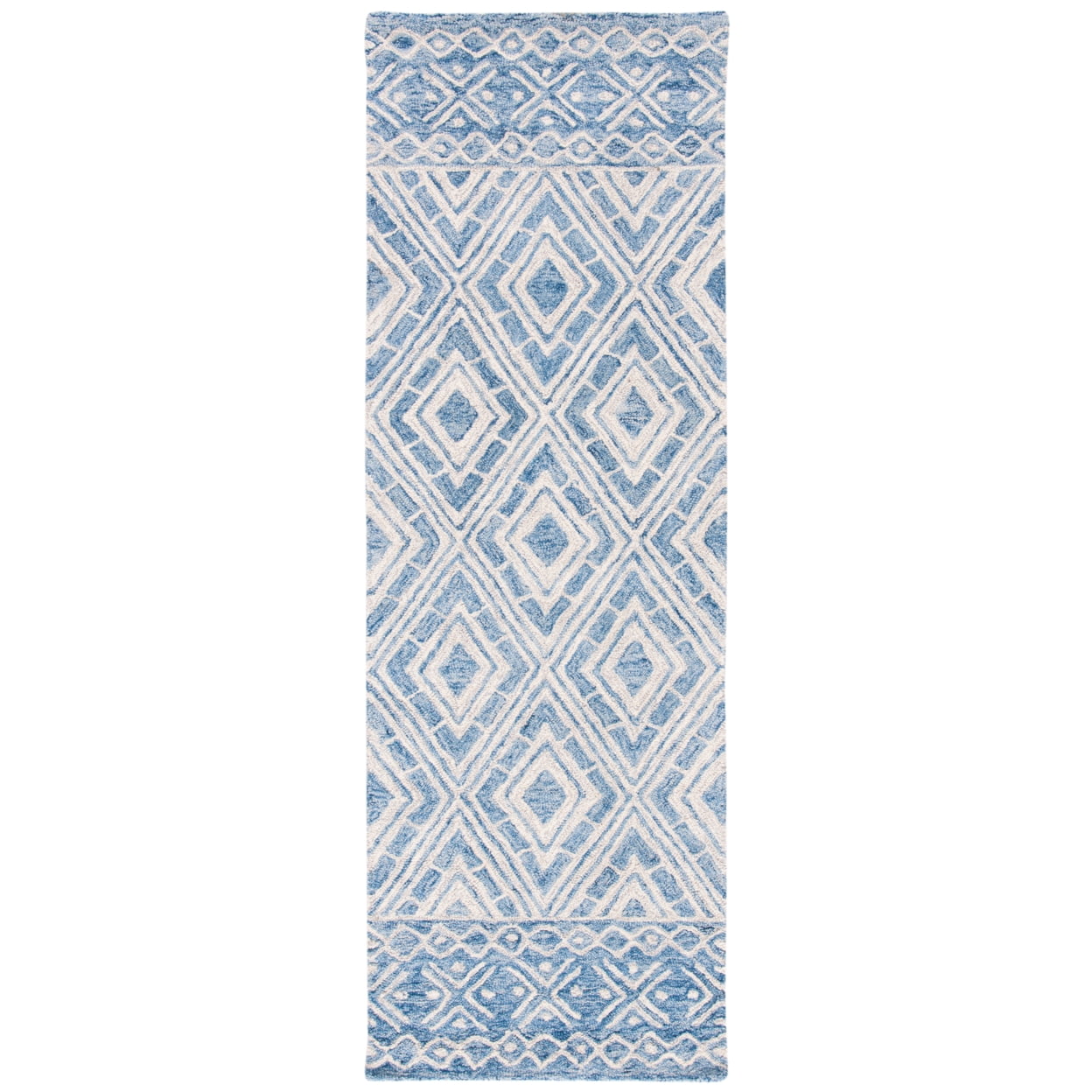 SAFAVIEH Micro-Loop Chris Geometric Diamonds Wool Runner Rug, Blue/Ivory, 2'3" x 7'