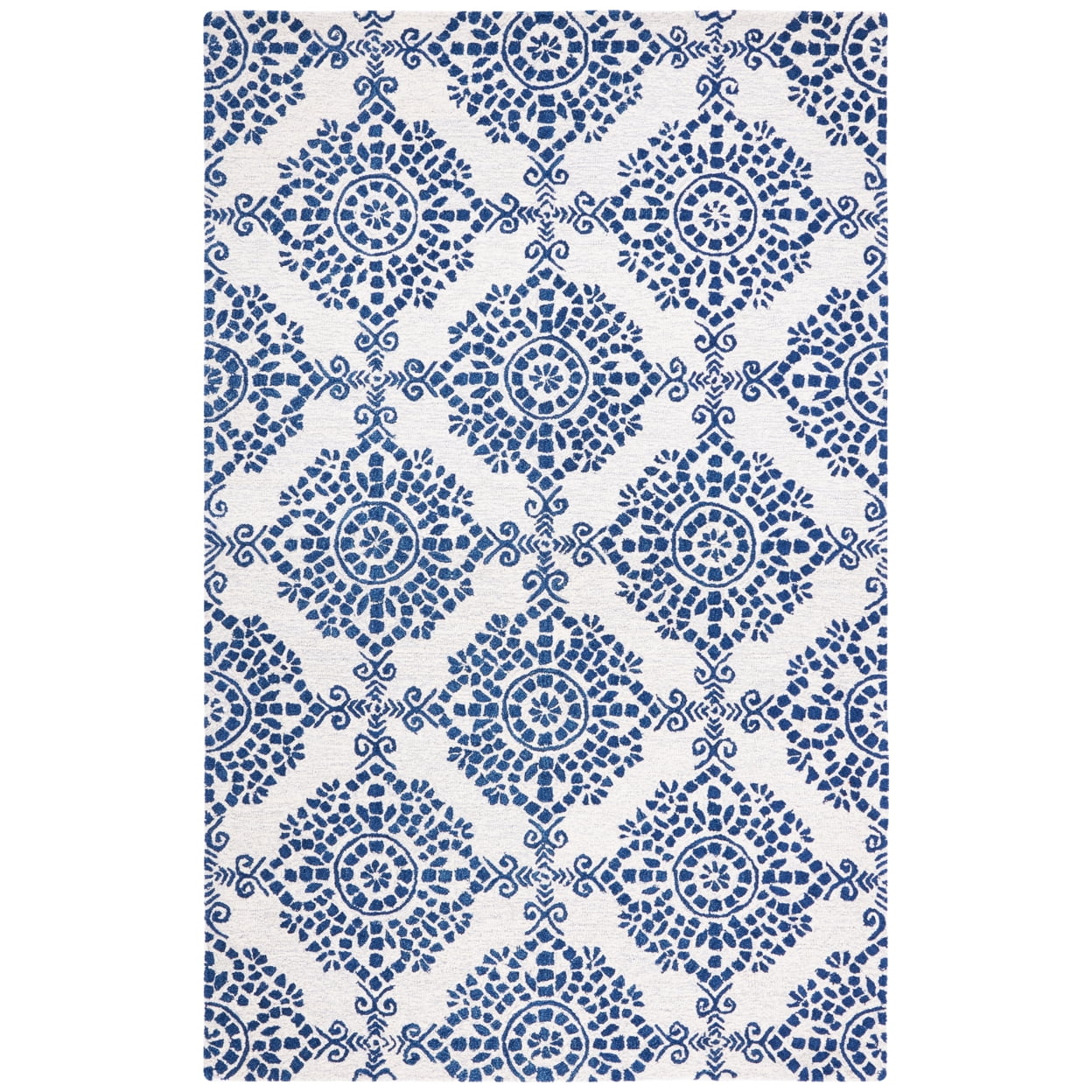 Ivory and Blue Hand-Tufted Wool Medallion Area Rug, 5' x 8'