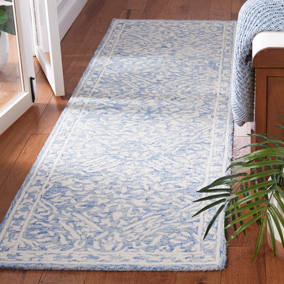 SAFAVIEH Micro-Loop Collection Runner Rug - 2'3" x 7', Blue & Ivory, Handmade French Country Wool, Ideal for High Traffic Areas in Living Room, Bedroom (MLP510M)