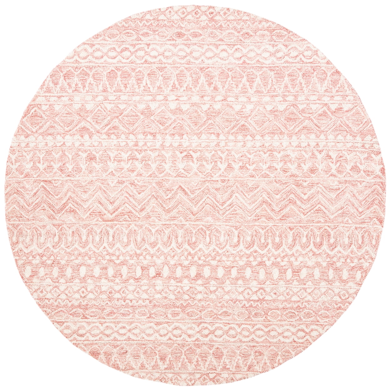 Handmade Geometric Tufted Wool Round Rug in Pink/Ivory, 5' x 5'