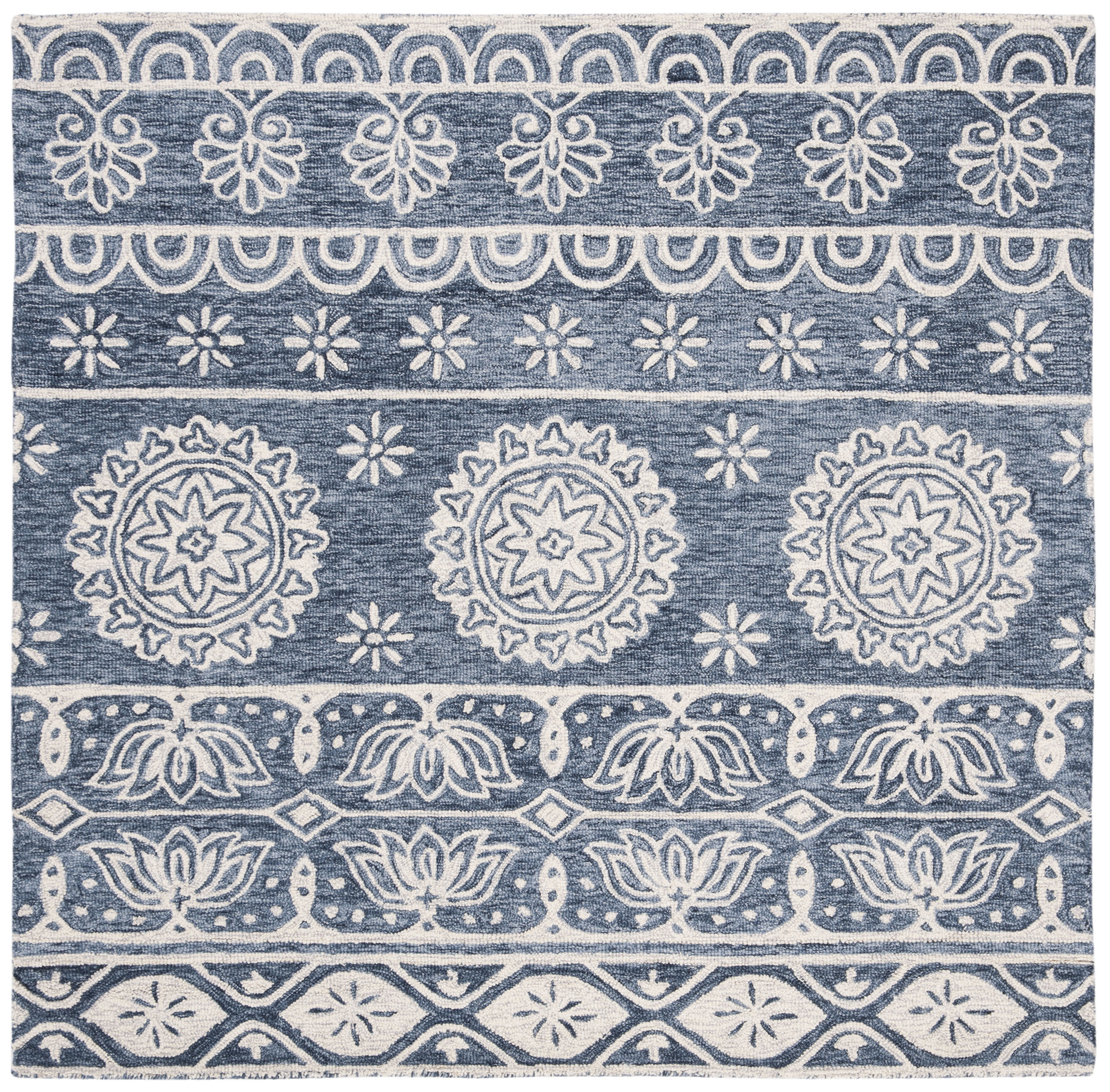 Handmade Blue and Ivory Wool Tufted Round Area Rug