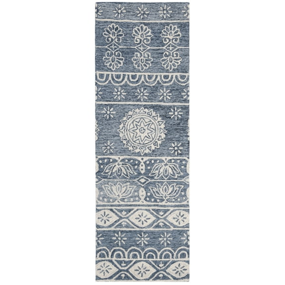 SAFAVIEH Micro-Loop Darian Floral Medallion Runner Rug, Blue/Ivory, 2'3" x 7'