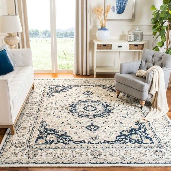 SAFAVIEH Micro-Loop Diamond Floral Bordered Wool Area Rug, Ivory/Navy, 5' x 8'