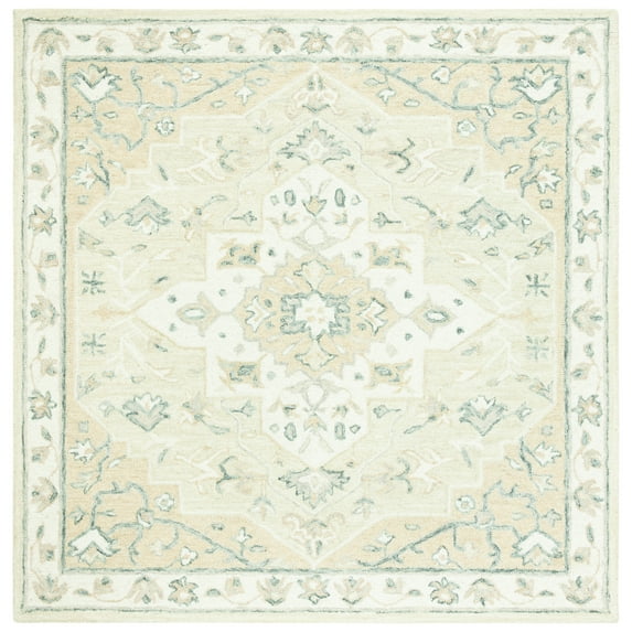 SAFAVIEH Micro-Loop Emilija Floral Bordered Wool Area Rug, Beige/Ivory, 5' x 5' Square