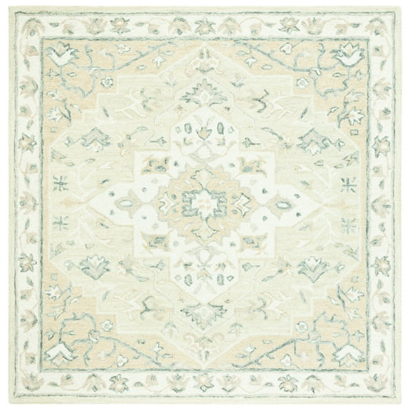 SAFAVIEH Micro-Loop Emilija Floral Bordered Wool Area Rug, Beige/Ivory, 5' x 5' Square