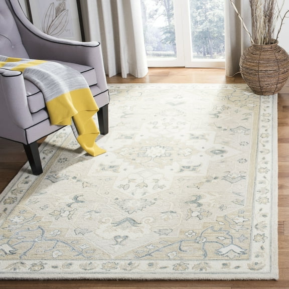SAFAVIEH Micro-Loop Emilija Floral Bordered Wool Area Rug, Beige/Ivory, 5' x 8'