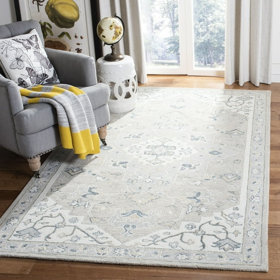 SAFAVIEH Micro-Loop Emilija Floral Bordered Wool Area Rug, Light Grey/Ivory, 5' x 5' Square
