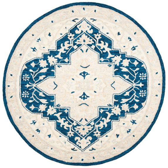 SAFAVIEH Micro-Loop Emilija Floral Bordered Wool Area Rug, Navy/Ivory, 5' x 5' Round