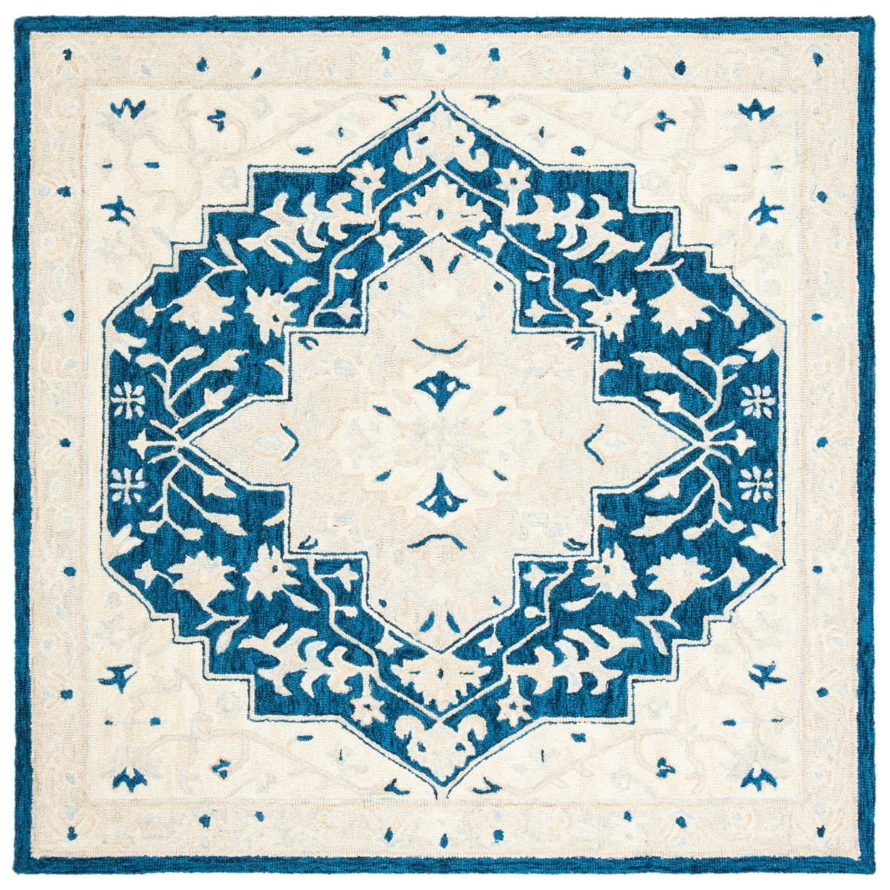 Hand-Tufted Navy and Ivory Wool Round Rug, 5' Diameter