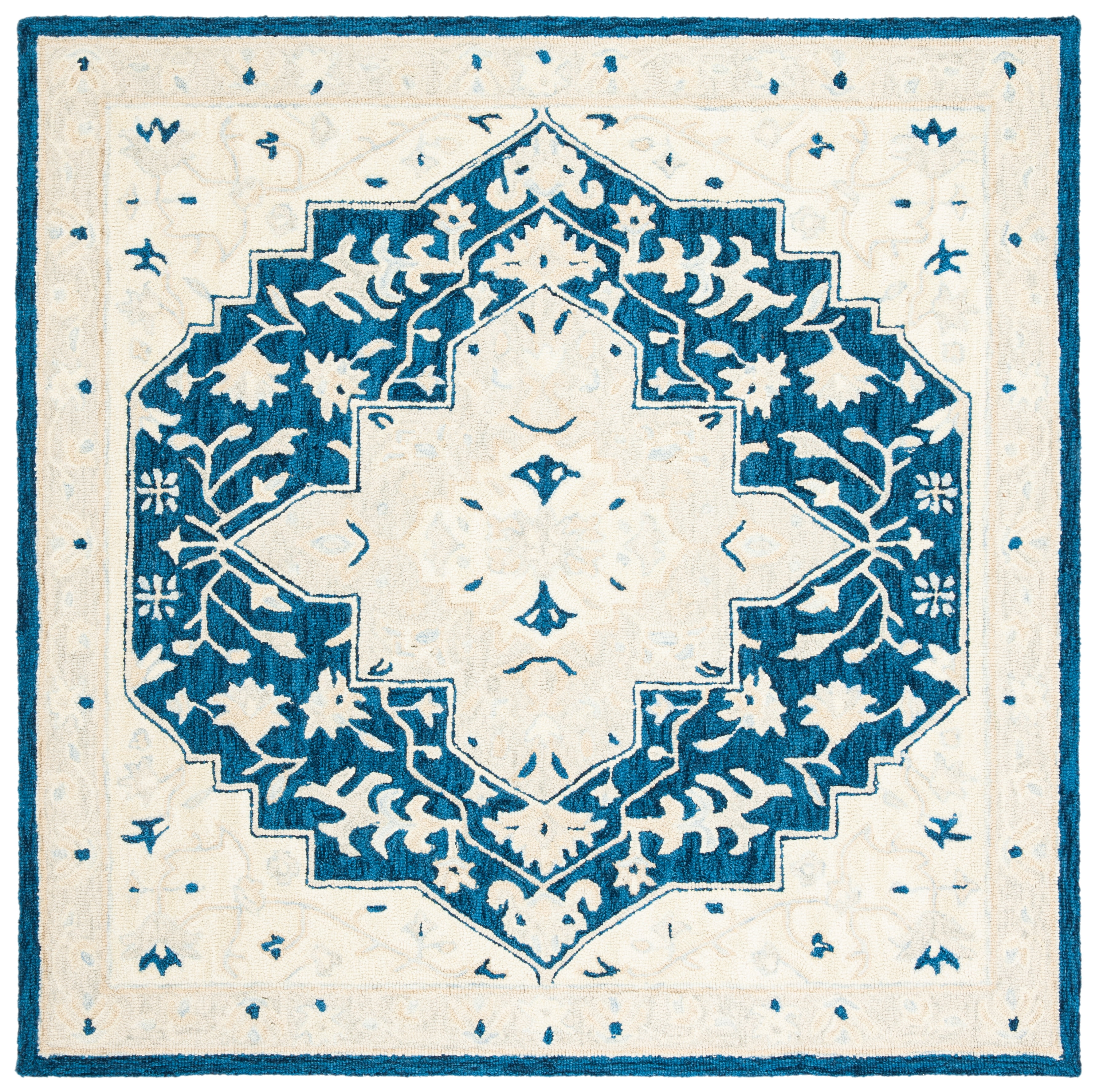 SAFAVIEH Micro-Loop Emilija Floral Bordered Wool Area Rug, Navy/Ivory, 5' x 5' Square