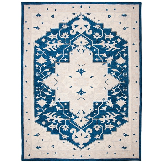 SAFAVIEH Micro-Loop Emilija Floral Bordered Wool Area Rug, Navy/Ivory, 9' x 12'