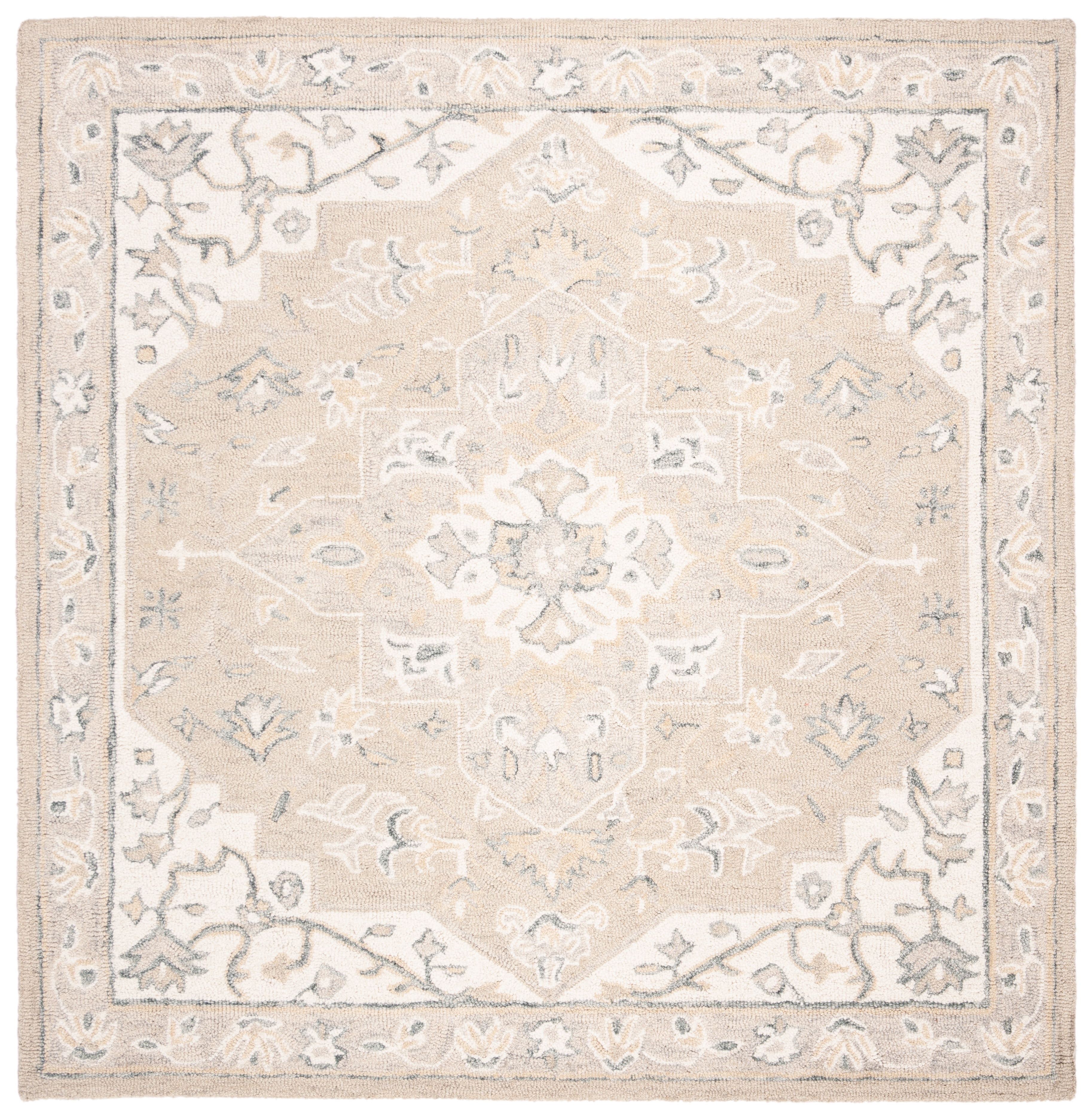 Handmade Light Grey/Ivory Wool Medallion Square Rug - 7'