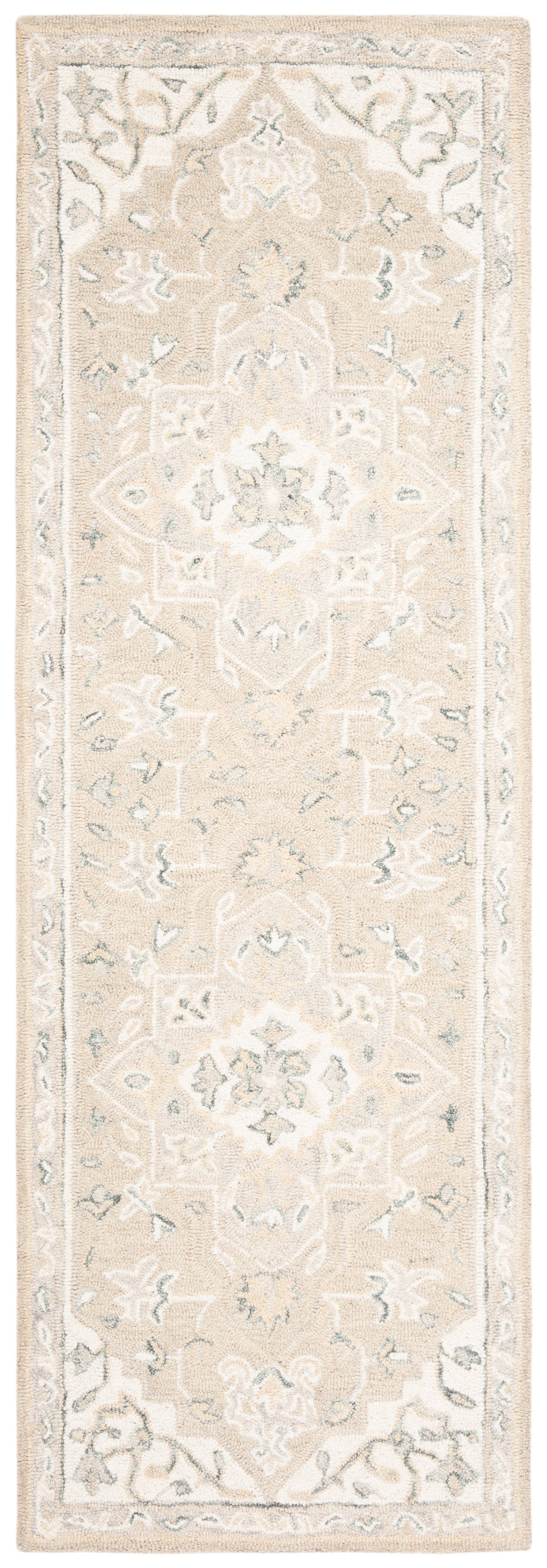 Handmade Light Grey and Ivory Wool Medallion Runner Rug, 2'3" x 8'