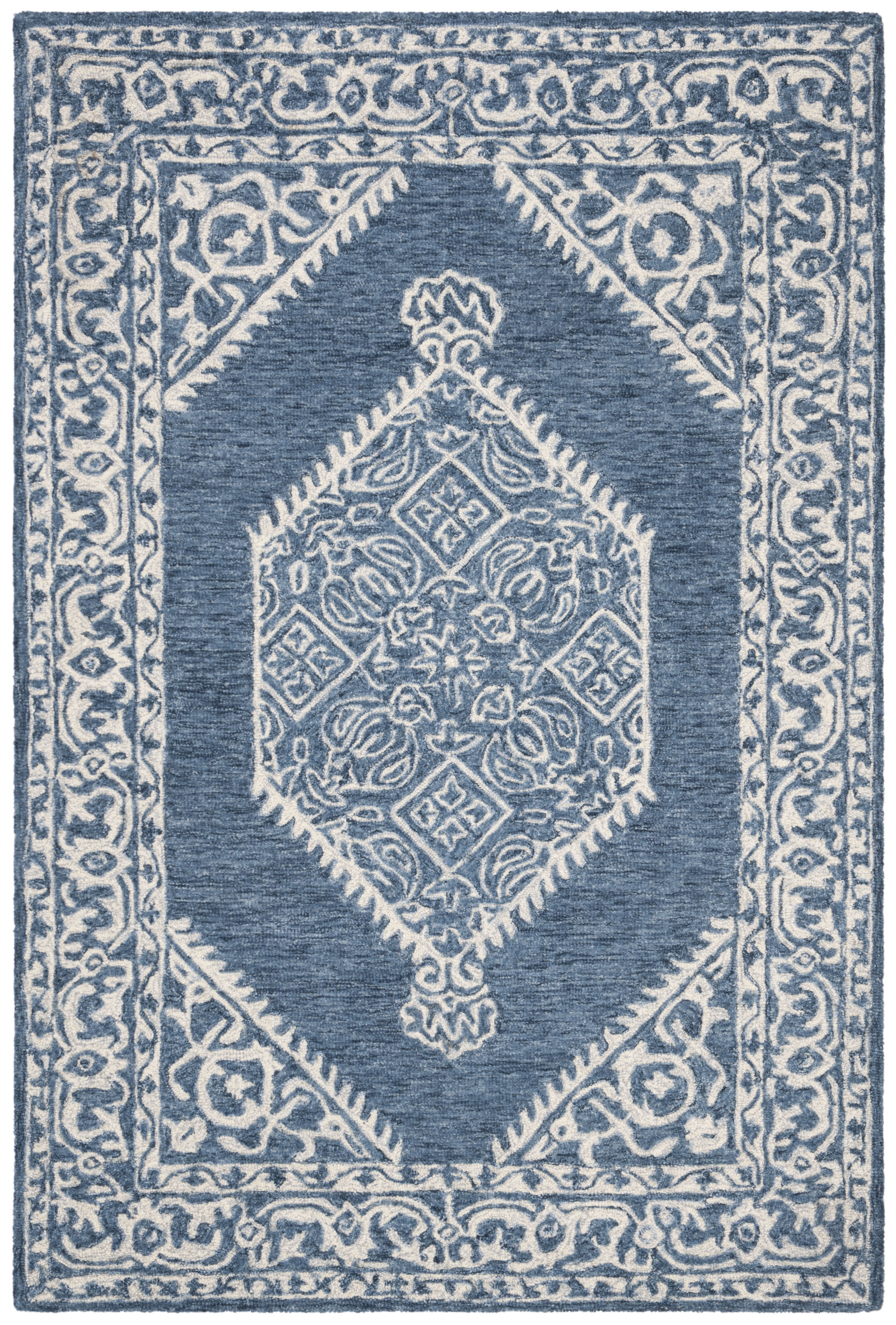 Blue and Ivory Tufted Wool 4' x 6' Area Rug