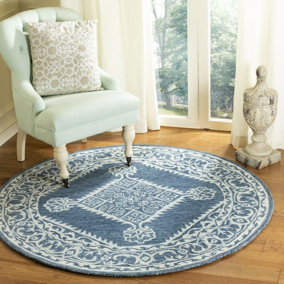 SAFAVIEH Micro-Loop Esmond Floral Bordered Area Rug, Blue/Ivory, 5' x 5' Round