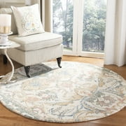 SAFAVIEH Micro-Loop Freddy Floral Wool Area Rug, Ivory/Blue, 5' x 5' Round