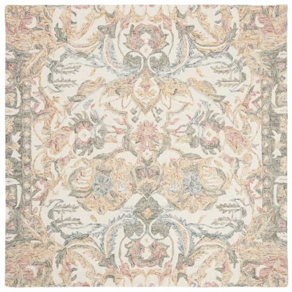 SAFAVIEH Micro-Loop Freddy Floral Wool Area Rug, Ivory/Blue, 5' x 5' Square