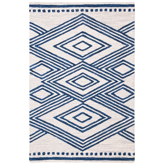 SAFAVIEH Micro-Loop Glenda Geometric Aztec Wool Area Rug, Ivory/Navy, 4' x 6'