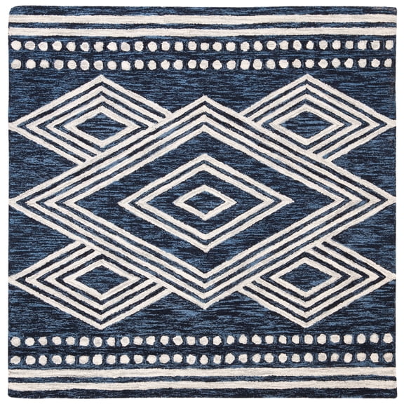 SAFAVIEH Micro-Loop Glenda Geometric Aztec Wool Area Rug, Navy/Ivory, 5' x 5' Square