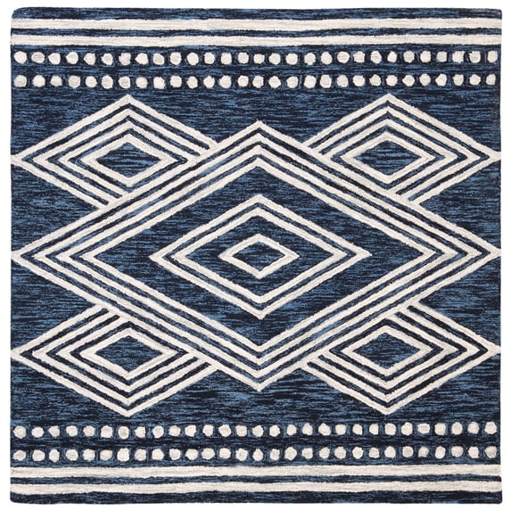 SAFAVIEH Micro-Loop Glenda Geometric Aztec Wool Area Rug, Navy/Ivory, 5' x 5' Square