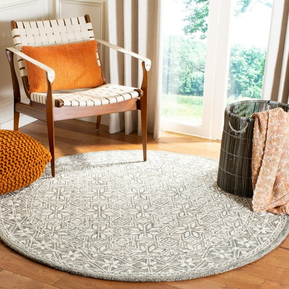 SAFAVIEH Micro-Loop Grace Floral Geometric Area Rug, Blue/Ivory, 5' x 5' Round