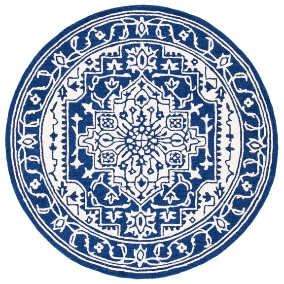 SAFAVIEH Micro-Loop Hailey Medallion Area Rug, Navy/Ivory, 5' x 5' Round