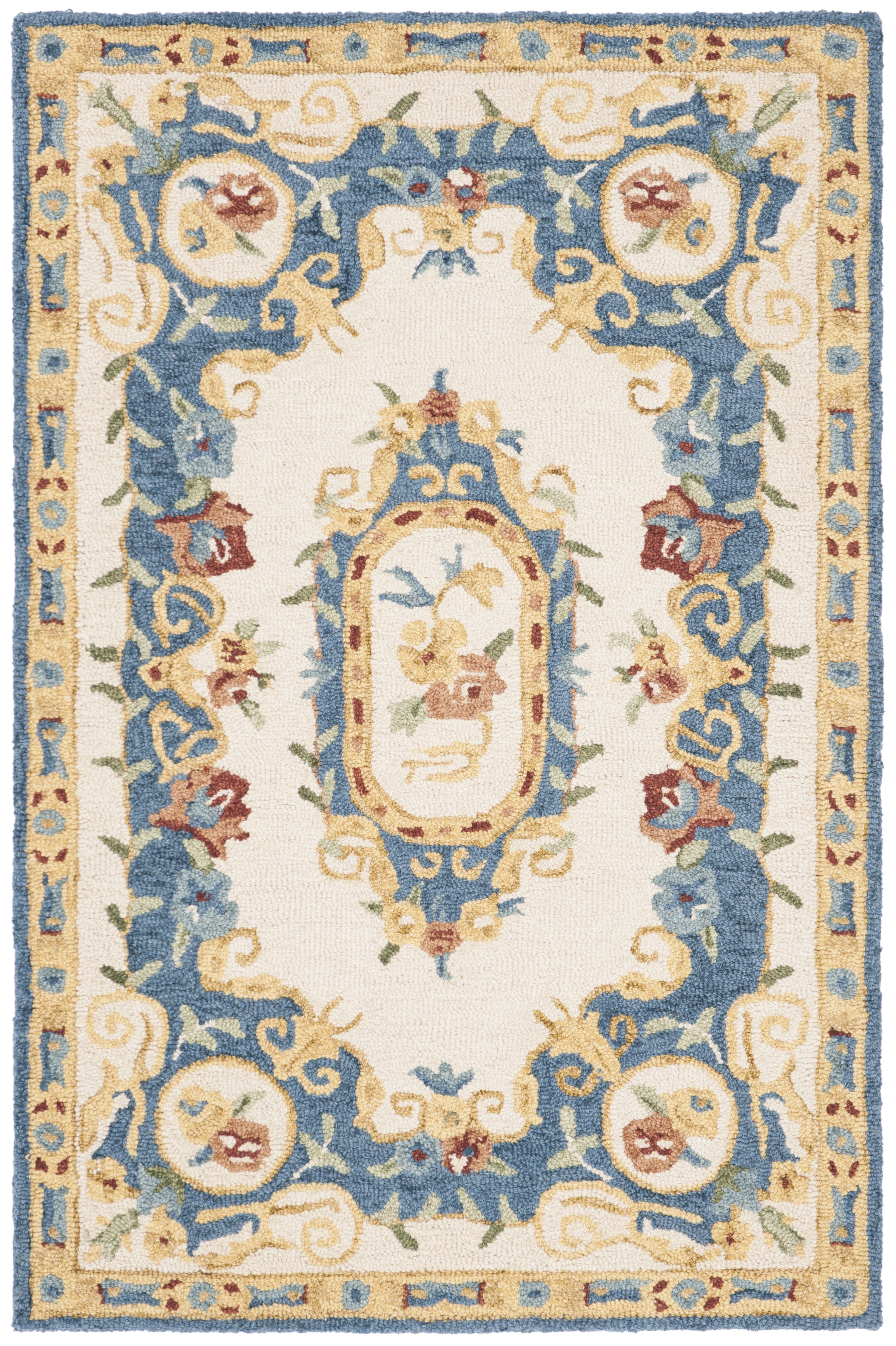 Handmade Cream and Blue Floral Wool Area Rug