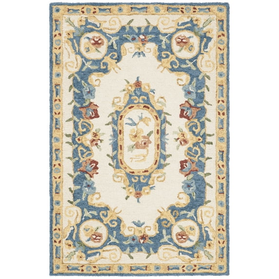 SAFAVIEH Micro-Loop Ibrahim Floral Bordered Wool Area Rug, Cream/Blue, 2'6" x 4'