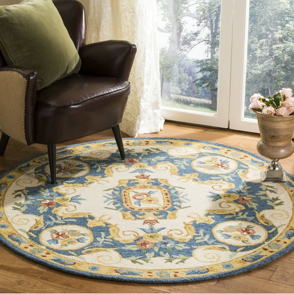 SAFAVIEH Micro-Loop Ibrahim Floral Bordered Wool Area Rug, Cream/Blue, 5' x 5' Round