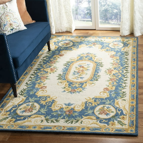 SAFAVIEH Micro-Loop Ibrahim Floral Bordered Wool Area Rug, Cream/Blue, 5' x 5' Square