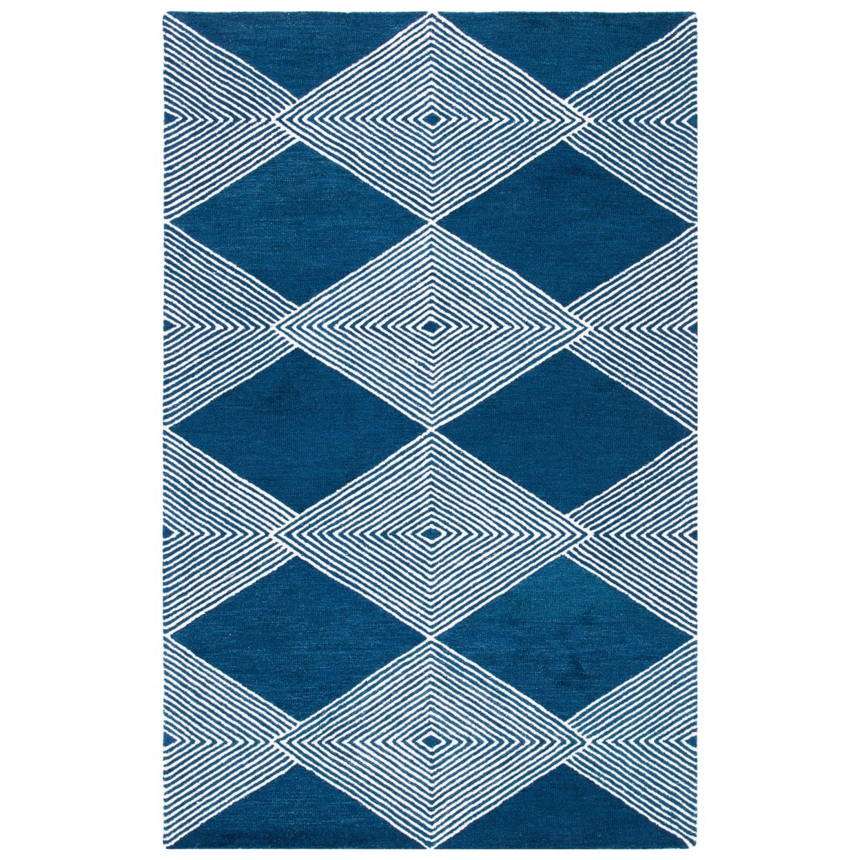 Ivory and Navy Diamond Pattern Hand-Tufted Wool Rug, 8' x 10'