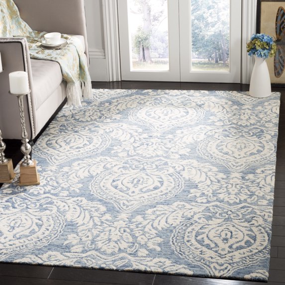 SAFAVIEH Micro-Loop Jaydon Damask Floral Wool Area Rug, Blue/Ivory, 5' x 5' Square